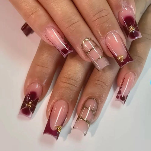 Burgundy Floral Square Nails