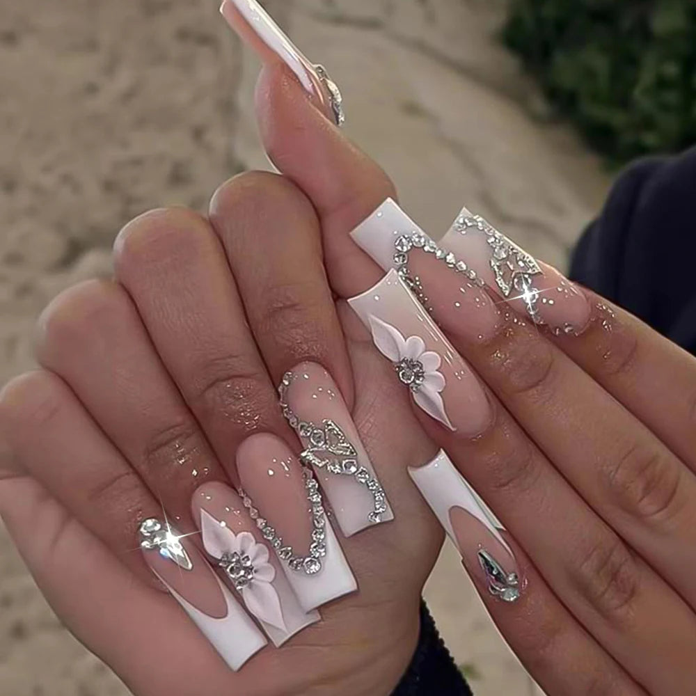Clear Diamond White Nails