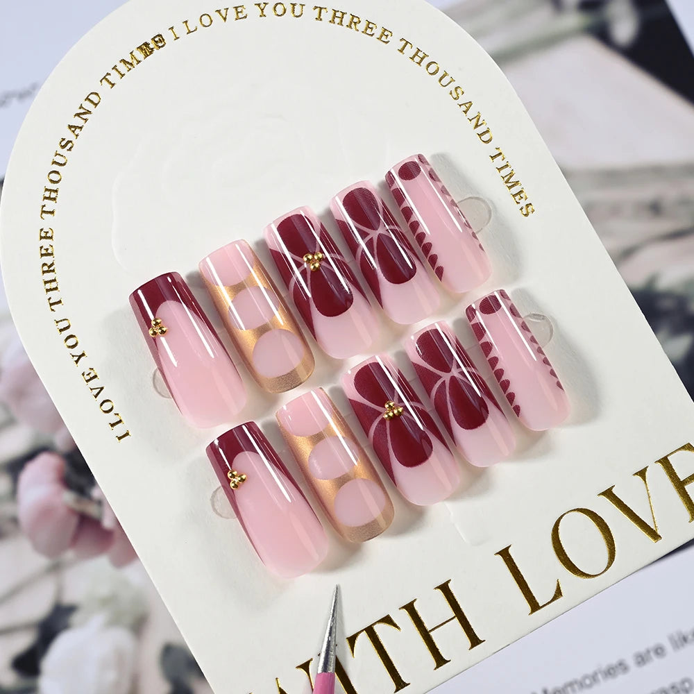 Burgundy Floral Square Nails