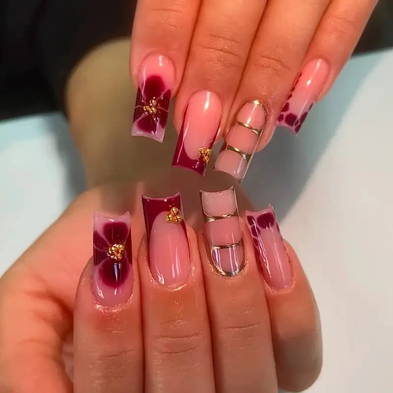 Burgundy Floral Square Nails
